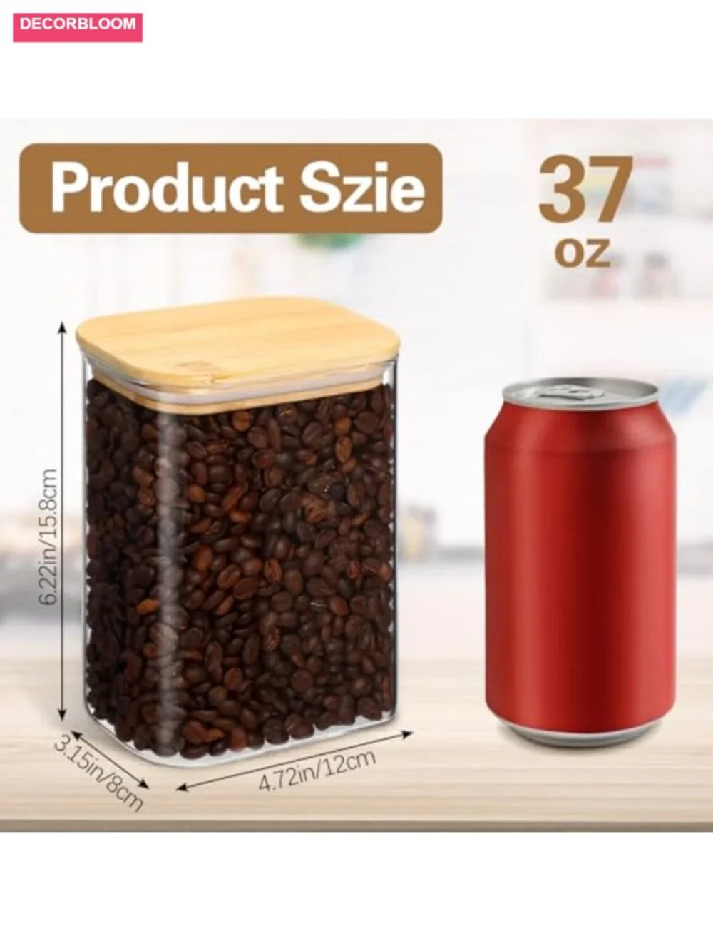 6 Pcs 37 oz Rectangle Glass Jars with Bamboo Lids Airtight Food Storage